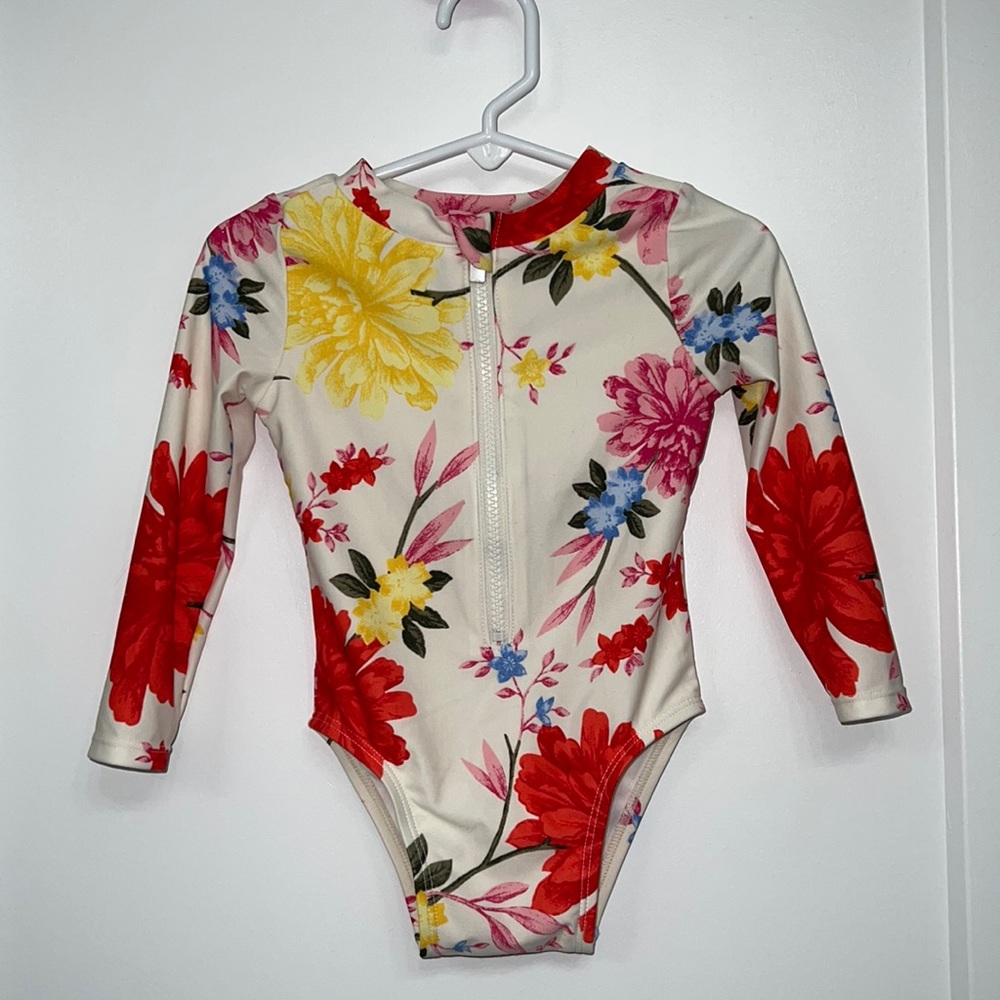 Old Navy Cream Floral Long-Sleeve Kids Rashguard with Red, Yellow & Pink Flowers